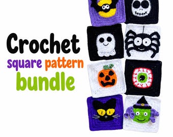 Op de afbeelding: Een verzameling van acht vierkante haakmotieven met Halloween-thema's, waaronder een vleermuis, schedel, spook, spin, pompoen, oogbol, zwarte kat en heks. De tekst luidt Crochet square pattern bundle en Lovable Loops Shop by Melissa Hassler.