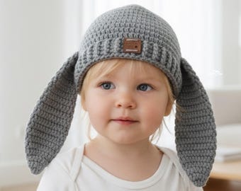 Gorro de coelho com orelhas caídas em crochê, padrão em PDF para gorro de Páscoa, tamanhos de bebê a adulto.