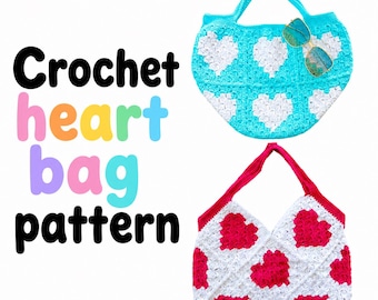 May include: Two crochet bags with heart patterns and the text "Crochet heart bag pattern" and "Lovable Loops Shop by Melissa Hassler". One bag is turquoise and white with matching sunglasses, and the other is bright pink and white.