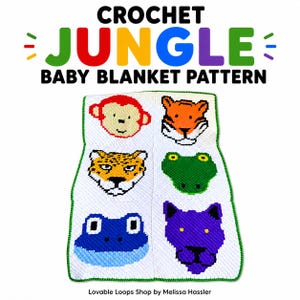 May include: A white crochet baby blanket featuring six colorful animal faces: a red monkey, an orange tiger, a yellow leopard, a green frog, a blue frog, and a purple panther. The text CROCHET JUNGLE BABY BLANKET PATTERN is displayed above.