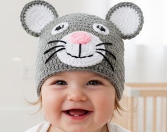 Cat Beanie Crochet Hat Pattern, Sizes Baby to Adult (Digital Download)