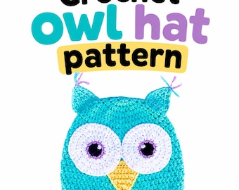May include: A turquoise crochet owl hat with large white circular eyes, dark purple pupils, and a yellow triangular beak. The text "Crochet owl hat pattern" appears above the hat, and "Lovable Loops Shop by Melissa Hassler" is below.