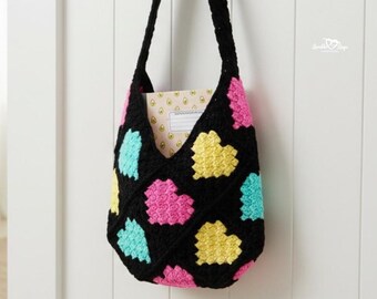 Neon Hearts Crochet Tote Bag Pattern | C2C (PDF Pattern)