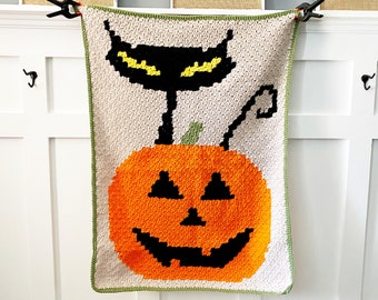 C2C Crochet Pattern: Cat & Jack-o'-Lantern Halloween Blanket (PDF Pattern)