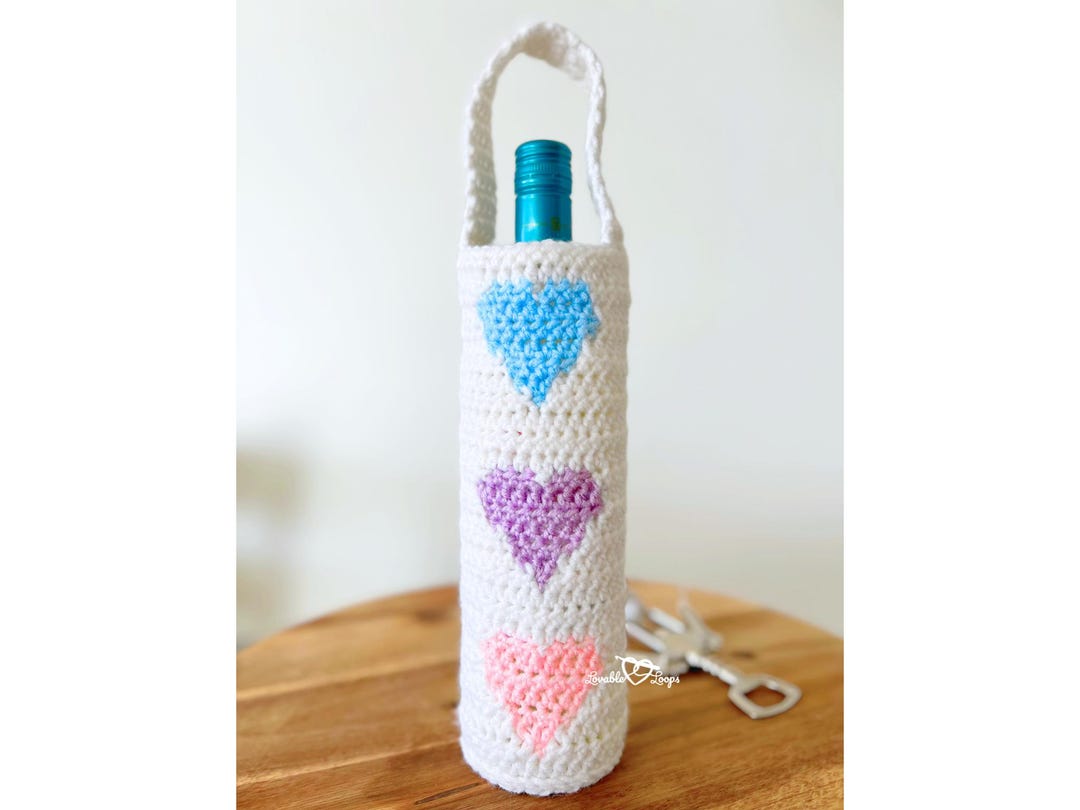 Hearts Crochet Wine Bottle Holder Pattern • Festive Wine Tote (PDF) - Etsy