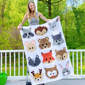Modèle de couverture de bébé au crochet | Animaux au crochet | Carrés pour couverture au crochet c2c |  Modèle cadeau de couverture de bébé au crochet | Couverture animaux des bois