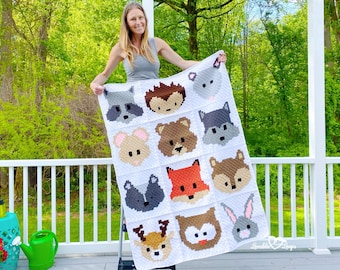 C2C Crochet Baby Blanket Pattern | Woodland Animals Blanket | Crochet Animal Squares | Baby Shower Gift | Digital Download PDF