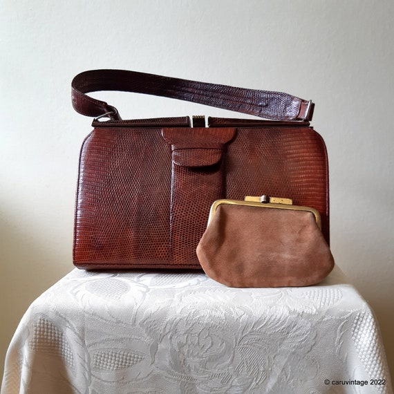 Vintage rich brown reptile/lizard skin handbag by… - image 1