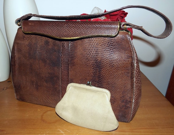 Jane Shilton vintage brown reptile effect handbag with small coin purse