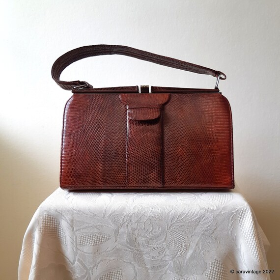 Vintage rich brown reptile/lizard skin handbag by… - image 2