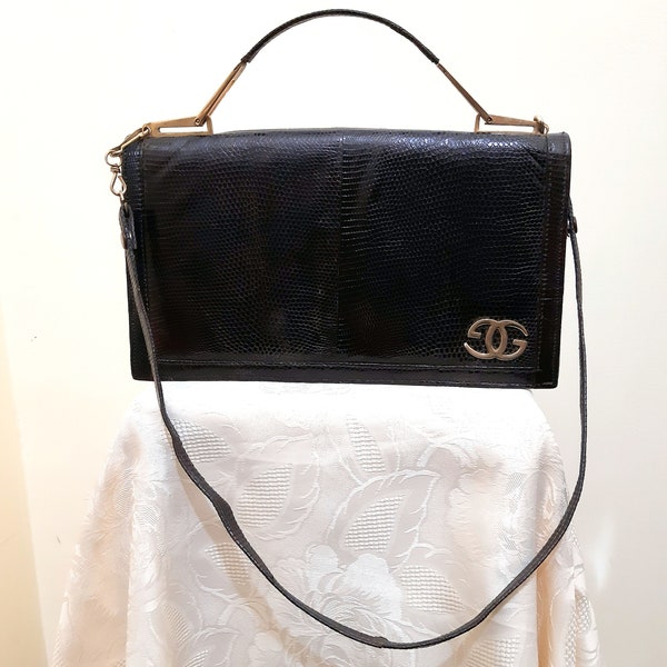 Vintage brown reptile leather handbag with top handle and shoulder strap