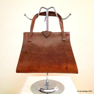 Bolso de asa superior de cuero de reptil Vintage Tan con bolso dividido con bisagras interiores