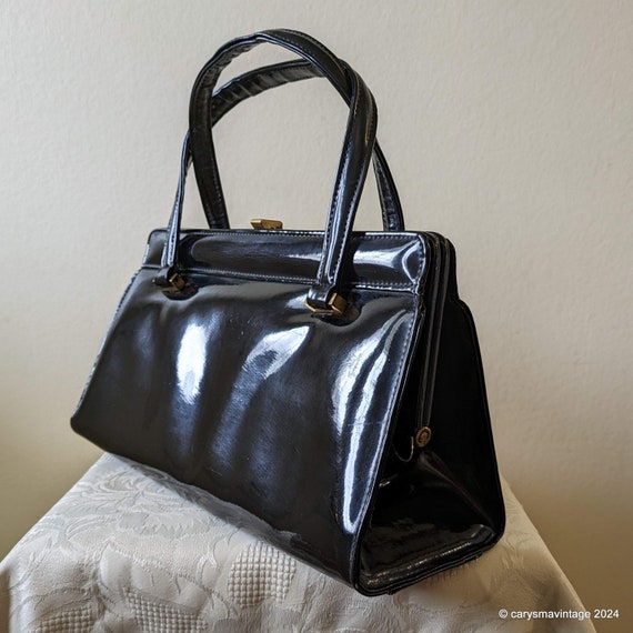 Rayne black patent soft leather kelly style handb… - image 4