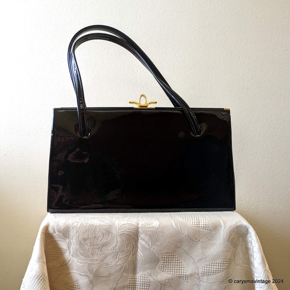 Vintage Riviera black glossy patent leather handbag made for Bagshaws of Liverpool
