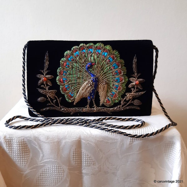 Vintage black velvet embroidered Zardozi style evening bag with peacock design