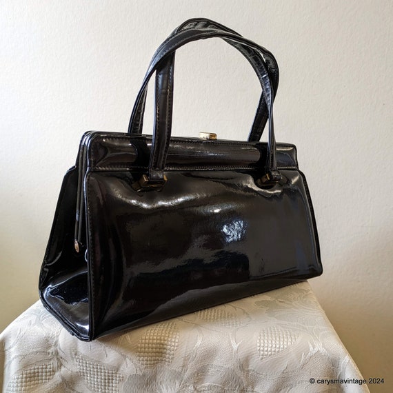 Rayne black patent soft leather kelly style handb… - image 3