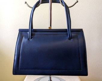 Vintage light navy blue faux leather kelly style handbag