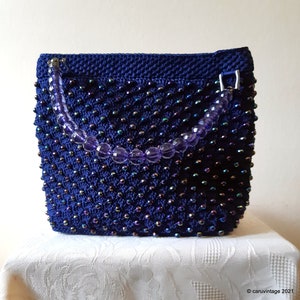 Blue crochet woven handbag with sparkly iridescent beading in excellent condition