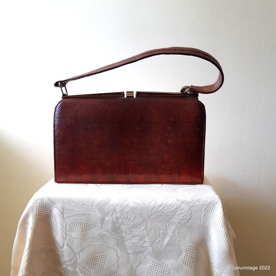 Vintage rich brown reptile/lizard skin handbag by… - image 5