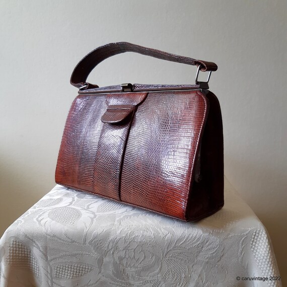 Vintage rich brown reptile/lizard skin handbag by… - image 4