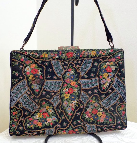 Vintage Waldybag black satin handpainted handbag c