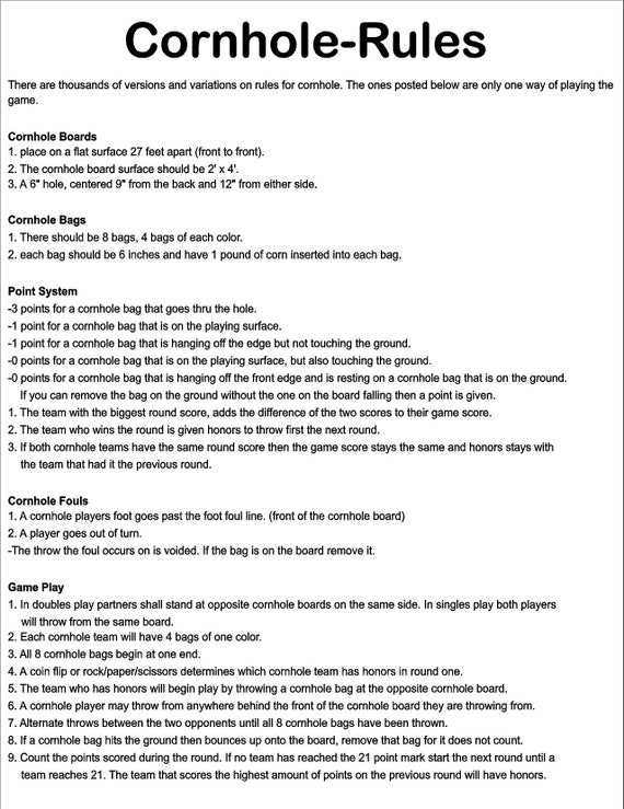 Cornhole Board Game Rules afdrukbare bestand eps pdf jpg digitale download alleen