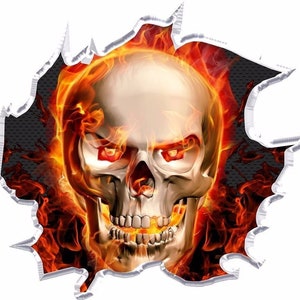 Ripped flaming skull race car go kart golf cart motorcycle hood window tool box trailer semi vinyl graphic decal sticker
