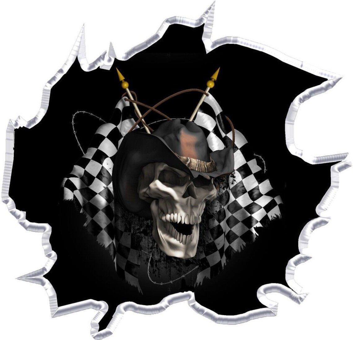 Skull Racing Sticker Ripped Checkered Racing Skull Race Car Go Kart Golf Cart Motorcycle ...
