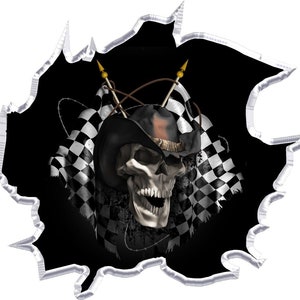 Ripped checkered racing skull race car go kart golf cart motorcycle hood window tool box trailer semi vinyl graphic decal sticker