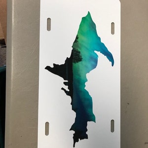 Puede incluir: Placa de matrícula de metal blanco con una silueta negra y verde de un lago. El lago está lleno de un degradado de colores azules, verdes y blancos.