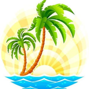 May include: Two green palm trees with brown trunks stand in front of a yellow sun with rays. The trees are in the water, which is blue with white waves.