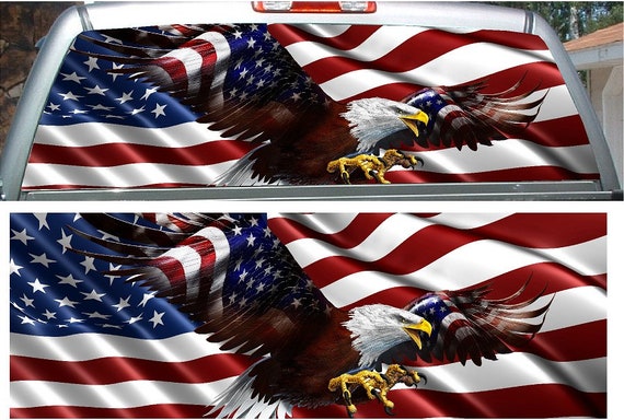 Flying bald eagle American Flag rear window view thru graphic decal wrap