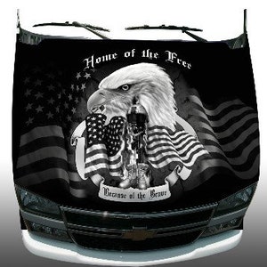 Soldier freedom home of the free because of the brave american flag hood wrap vehicle sticker vinyl graphic greyscale    decal