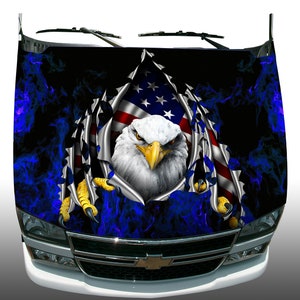 American flag eagle rip blue flame fire car truck hood wrap vinyl graphic decal 53 x 76