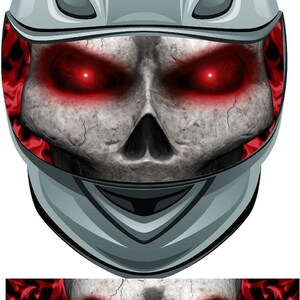May include: A motorcycle helmet with a skull design and red glowing eyes. The skull is on a black and red background with flames.