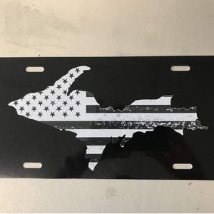 U.P. Michigan Upper Michigan Yooper american flag grey scale distressed grunge license plate