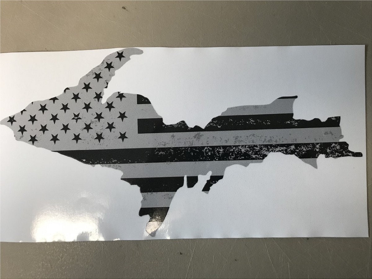Michigan U.p. Upper Peninsula American Flag Grey Scale Grunge Distressed Vinyl Graphic Decal Sticker