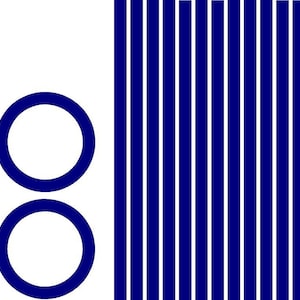 May include: A graphic design featuring two blue circles and a series of vertical blue lines.