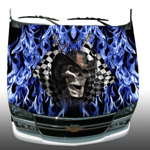 Racing skull checkered flag blue flame fire vehicle hood wrap vinyl graphic decal