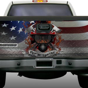 American flag firefighter helmet diamond plate tailgate wrap vinyl graphic decal