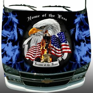 Soldier freedom home of the free because of the brave blue flame american flag hood wrap vehicle sticker vinyl graphic decal
