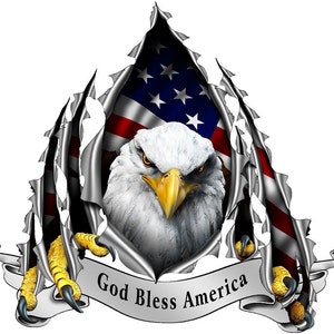 May include: A bald eagle with its head and talons emerging from a torn American flag. The eagle's eyes are fierce, and its talons are gripping the edges of the flag. A white banner with the text "God Bless America" is draped across the eagle's talons.
