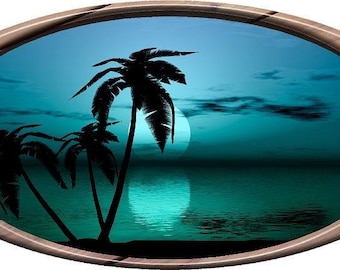 MULTIPLE COLOR Options: Tropical sunset palm trees seascape oval camper RV motor home mural vinyl graphic decal sticker
