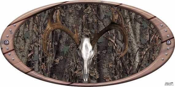 Oak camouflage deer skull hunting ripped vinyl graphic decal