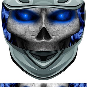 May include: A motorcycle helmet with a skull graphic featuring blue flames and glowing blue eyes.