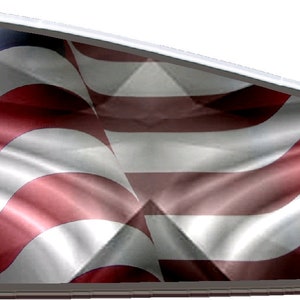 May include: A red, white, and blue American flag waving in the wind. The flag is depicted on a silver, oval-shaped background.
