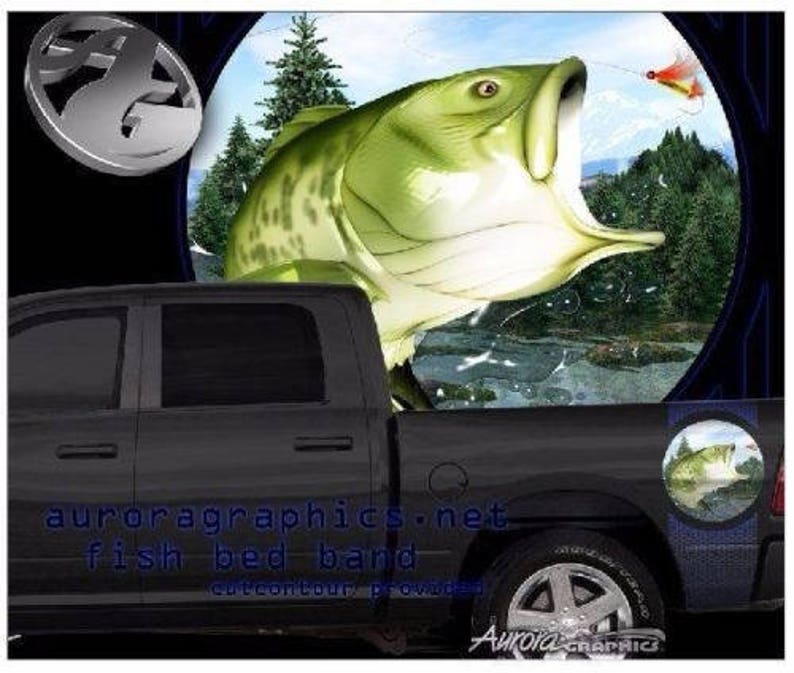 Large mouth bass fishing truck bed band vinyl graphic striping set