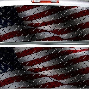 May include: A rear window car decal featuring a waving American flag with a diamond plate pattern. The flag is red, white, and blue.