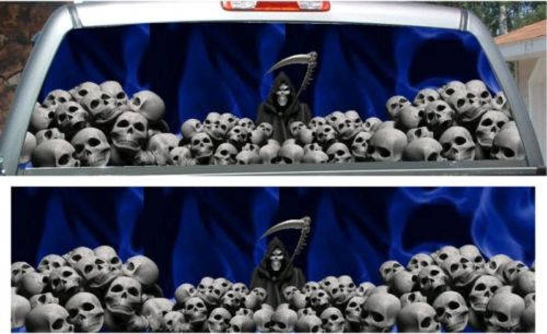 Blue Fire Flames Grim Reaper Skull Graveyard Rear Window View Thru ...