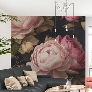 Bold Dark Pink Peony Wallpaper - Luxurious Floral Wall Mural for Living Room, Bedroom • Peel and Stick • Self Adhesive • Vinyl Material